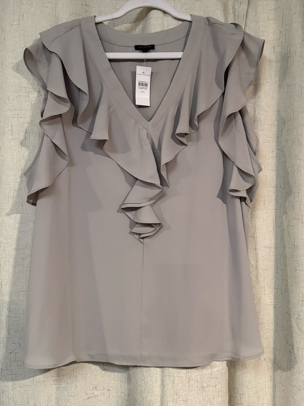 Ann Taylor Sleeveless Ruffle V-Neck Blouse - Light Gray